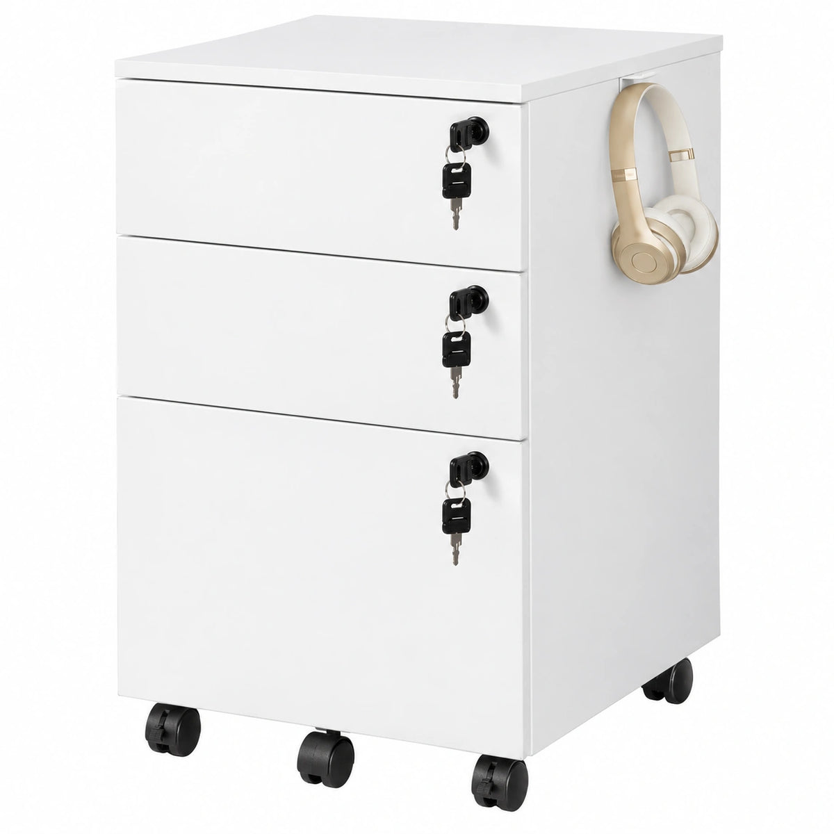 Mobile Archiviatore a 3 Cassetti con Serratura, Cassettiera Sottoscrivania in Legno per Casa, Ufficio, Ideale per Formato Lettera, A4, Bianco