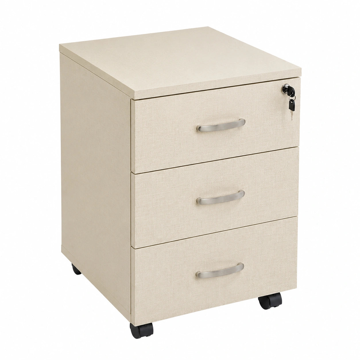 Cassettiera Ufficio In Legno Chiave Sicurezza Con Ruote Per Scrivania Tavolo 3 Cassetti Ripiani (Beige Tramato)