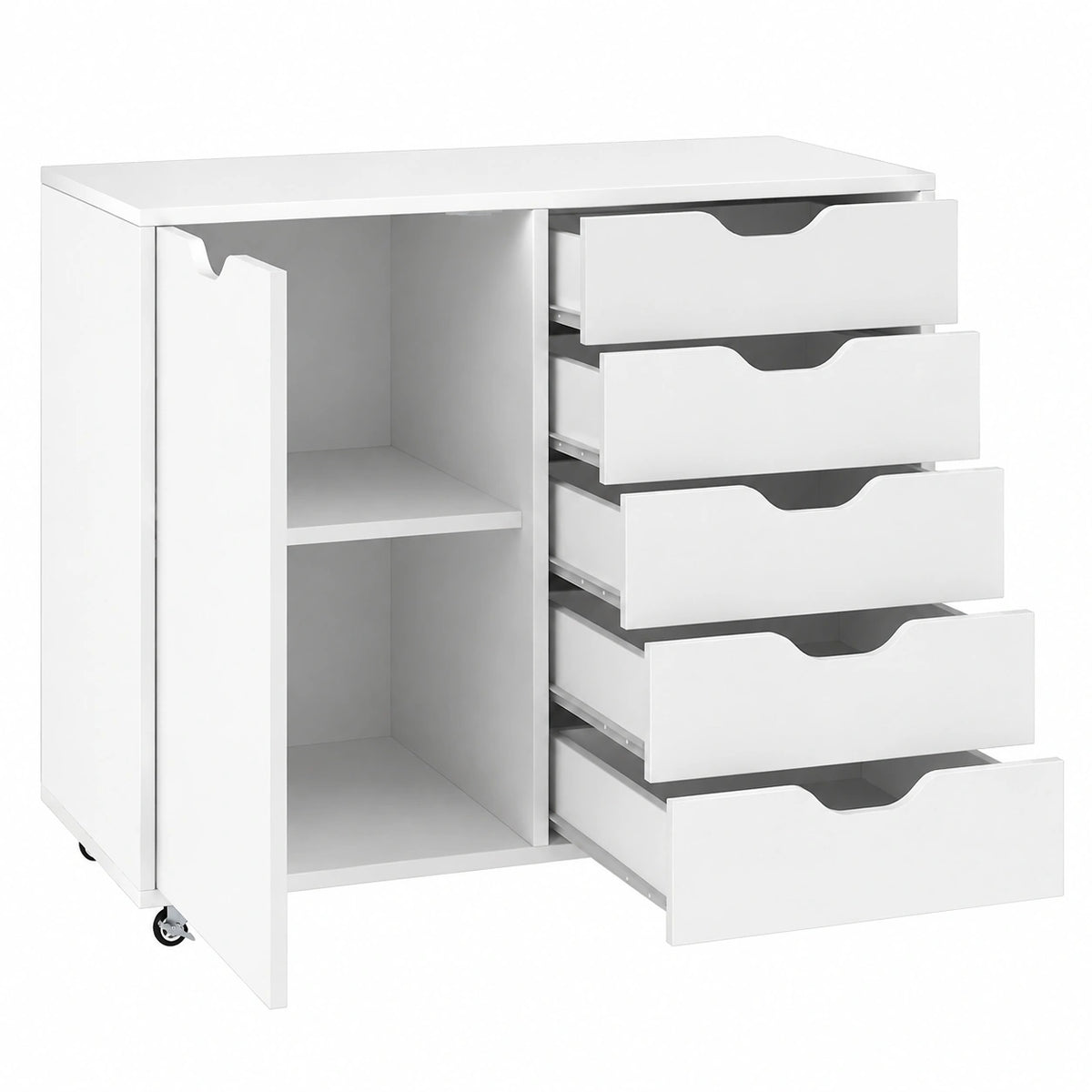 Cassettiera Ufficio con 5 Cassetti, Schedario Portadocumenti con Ruote Universali e Ripaini Regolabili, Mobile Porta Stampante in Legno per Studio