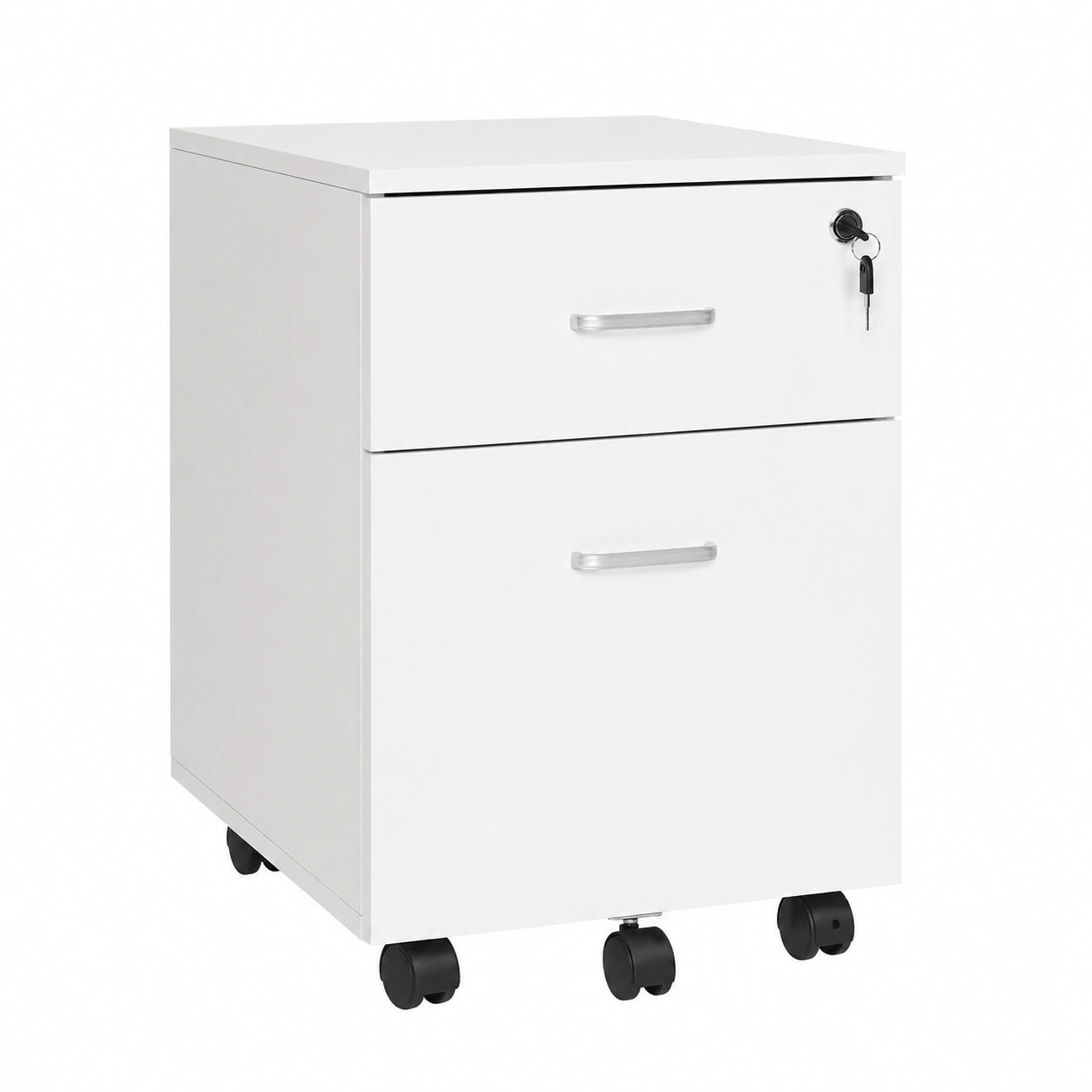 Cassettiera Ufficio 2 Cassetti 5 Ruote in Legno 40 × 49 × 58 cm Bianco, Schedario da Ufficio, Serratura Porta Documenti Cartelle, Ideale