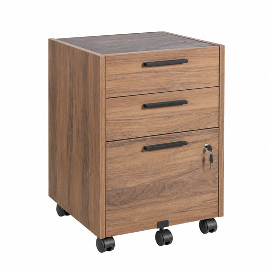 Cassettiera della Linea DAVINCI BRERA con 3 cassetti e Ruote, Cassettiera Ufficio da Scrivania, con Serratura, (LxAxP) 48 × 63 × 45 cm, Noce Brera