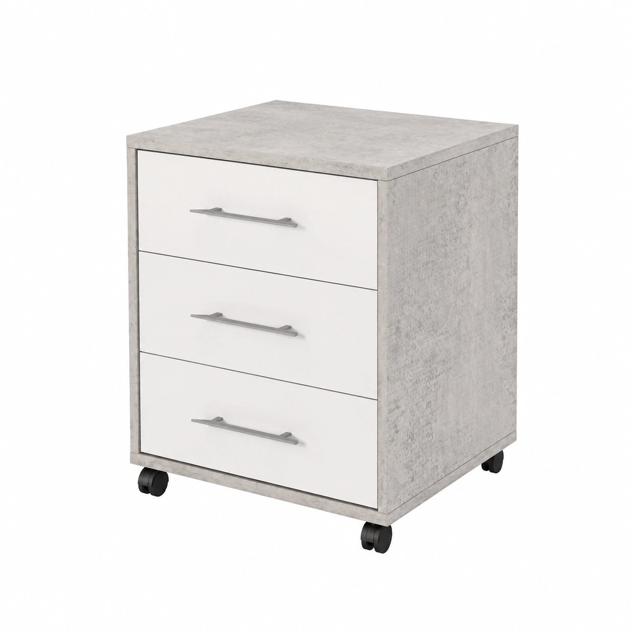 Cassettiera da ufficio a 3 cassetti su ruote, Mobiletto portadocumenti, Comodino elegante da scrivania, cm 43 × 40h57, colore Cemento e Bianco