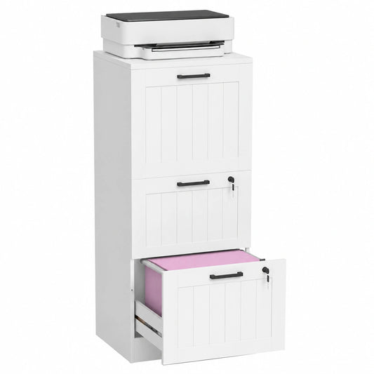 Armadietto 3 cassetti bloccabile A4, Lettera bianco, Armadietto verticale, barre appendiabiti regolabili, supporto per stampante con spazio