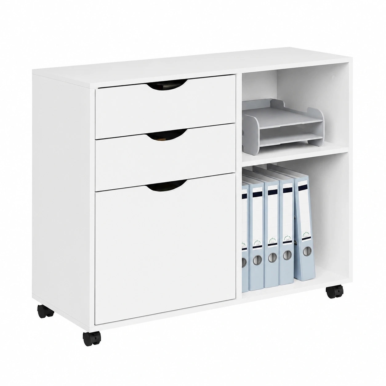Cassettiera con 5 Ruote, Binario per Appendere, per Cartelle e Documenti A4, 80 × 39,5 × 69,5 cm, Bianco