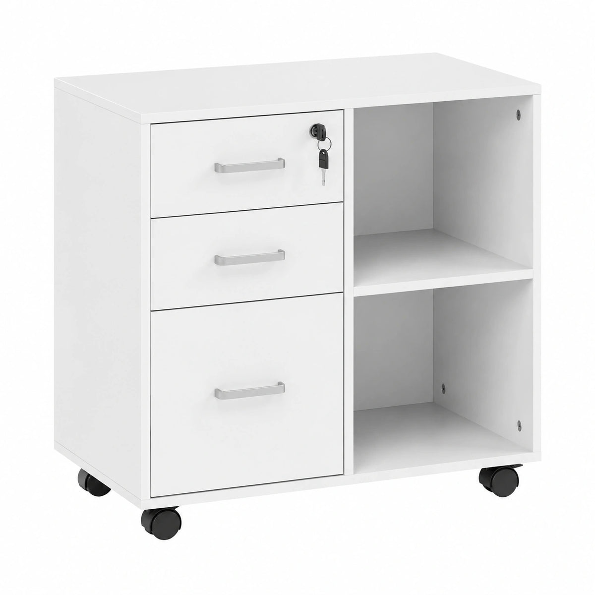 Cassettiera Ufficio Portadocumenti con Ruote 60 × 40 × 56 cm Bianco, Mobile Ufficio in Legno, 2 Scomparti, 3 Cassetti con Serratura e Chiavi