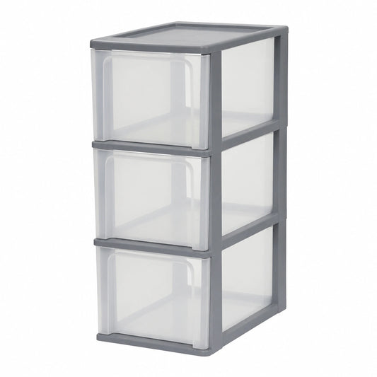 Cassettiera in Plastica, Portaoggetti, 3 Cassetti Grandi, Grigio, Apertura Facile