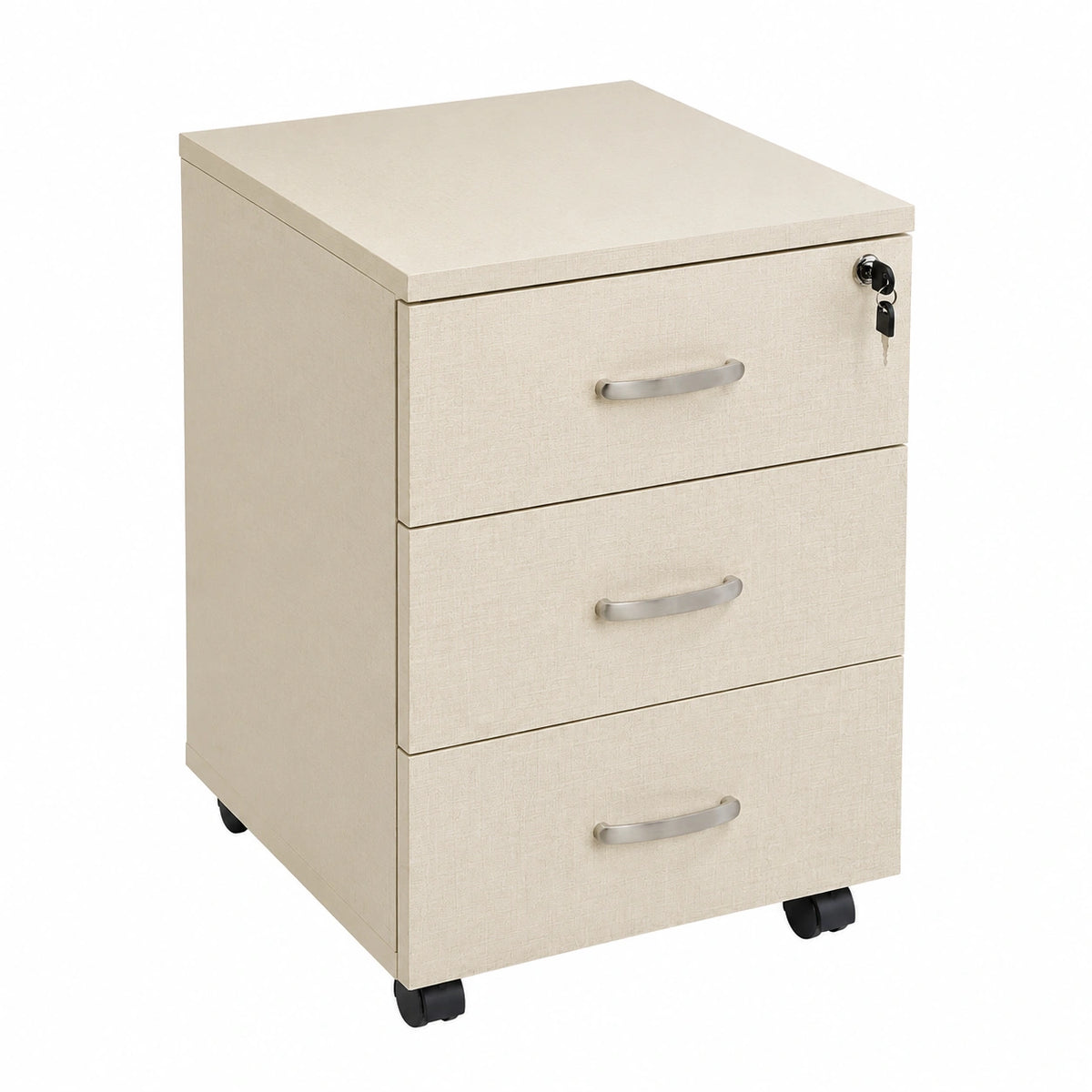 Cassettiera Ufficio In Legno Chiave Sicurezza Con Ruote Per Scrivania Tavolo 3 Cassetti Ripiani (Beige Tramato)