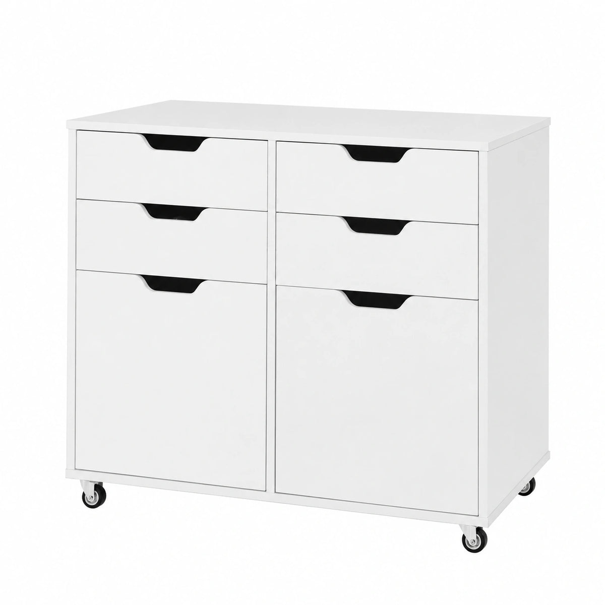 Mobile con 5 ruote, cassettiera con 4 cassetti e 2 armadi con porte, supporto per stampante in legno, mobile di stoccaggio per ufficio, soggiorno