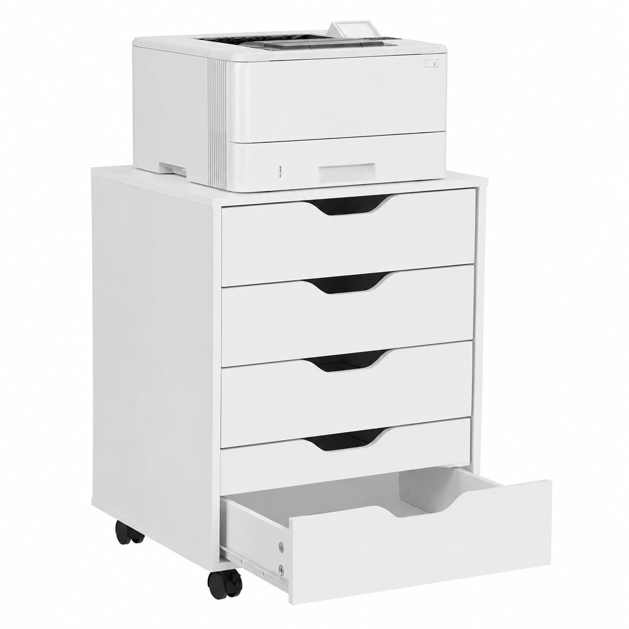 Cassettiera sotto Scrivania da Ufficio, Mobile con 5 Cassetti Portadocumenti e Ruote, 66,5 × 48 × 39,5 cm, Bianco